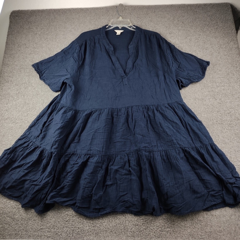 Caslon Dress Womens 3X Babydoll Navy Blue Tiered V-Neck Short Sleeve EUC